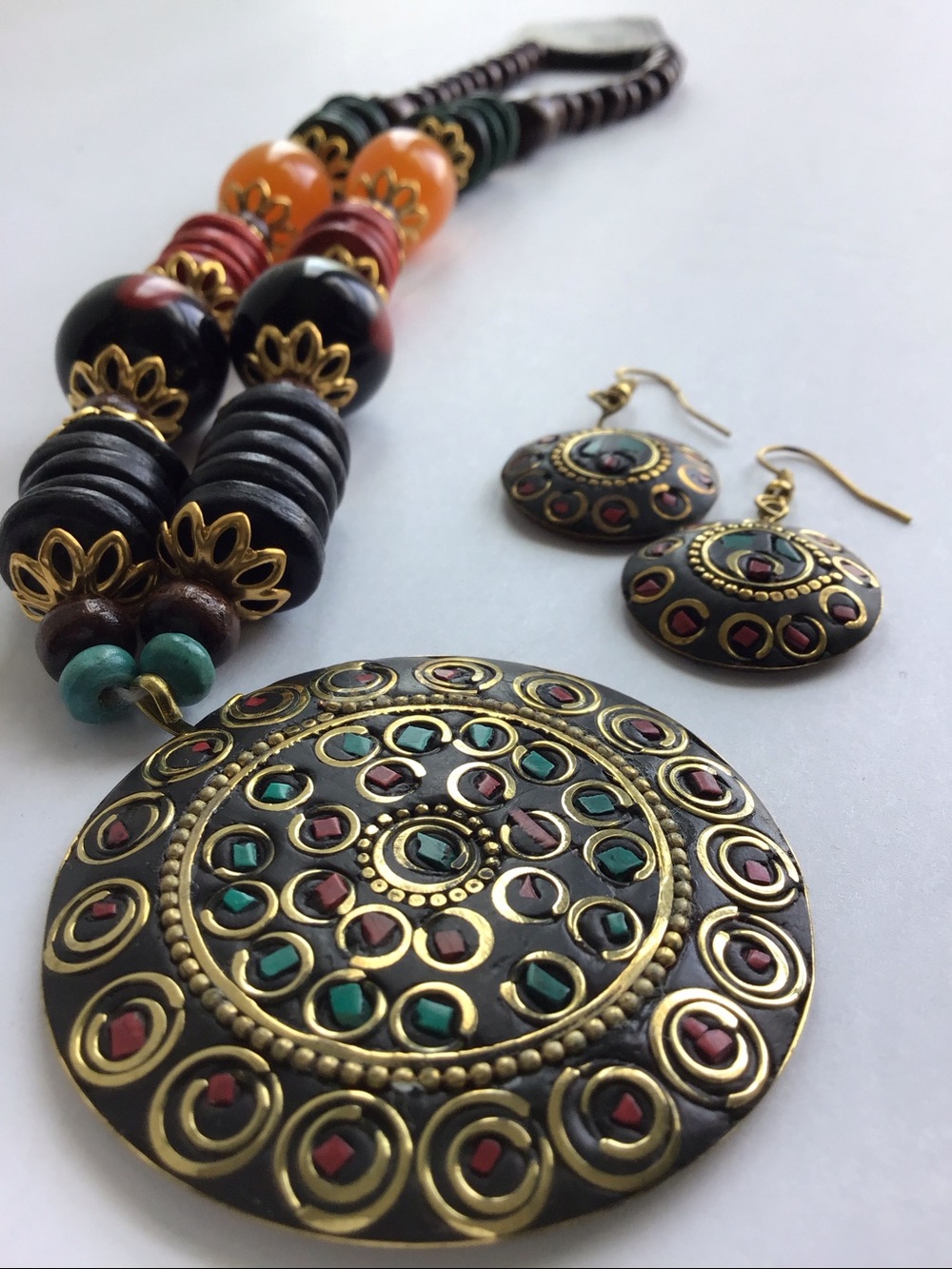 Bohemian Multi-Color Pendant Necklace with Matching Earrings